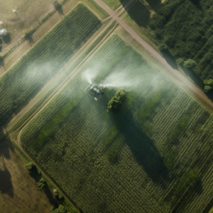 Crop duster spraying pesticides over a cannabis field for pest control